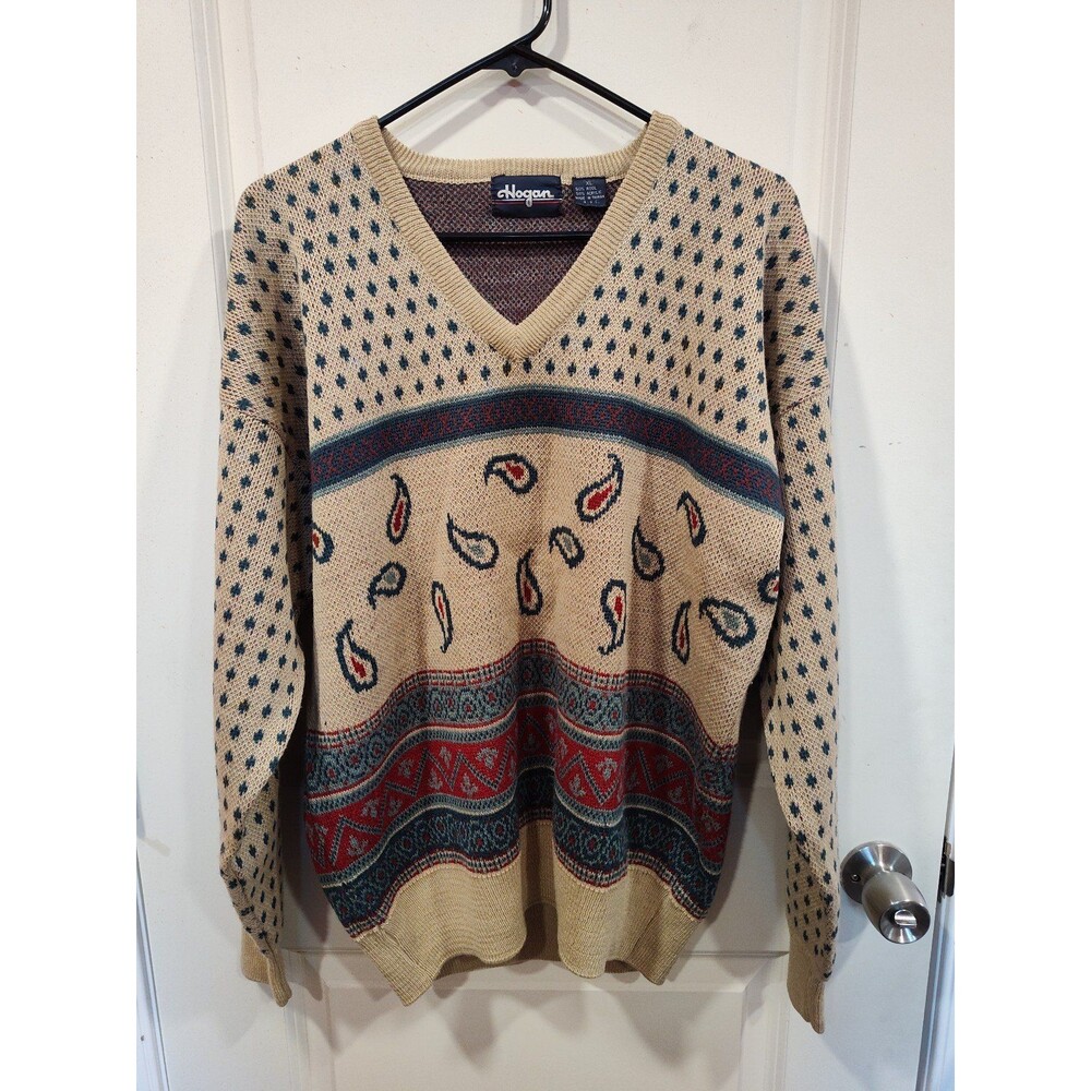 Men's Vintage Hogan Wool Blend V-Neck Paisley Pullover Sweater XL
